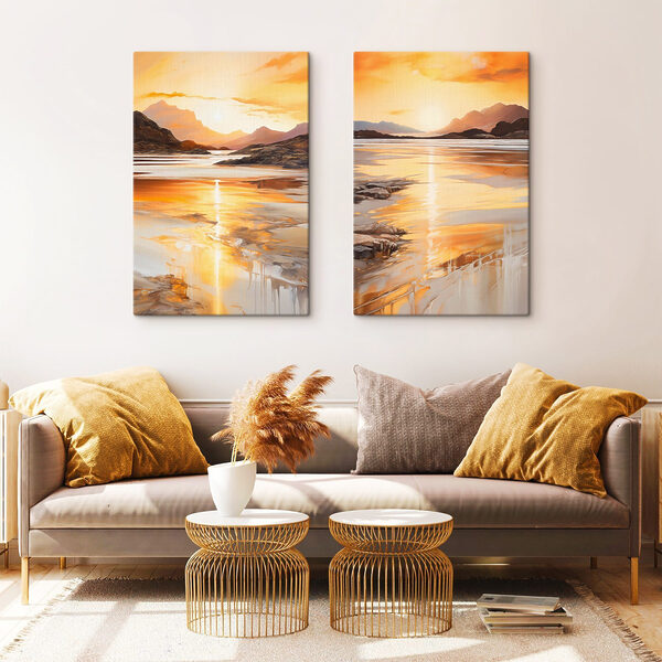 Painting of a beach and mountains