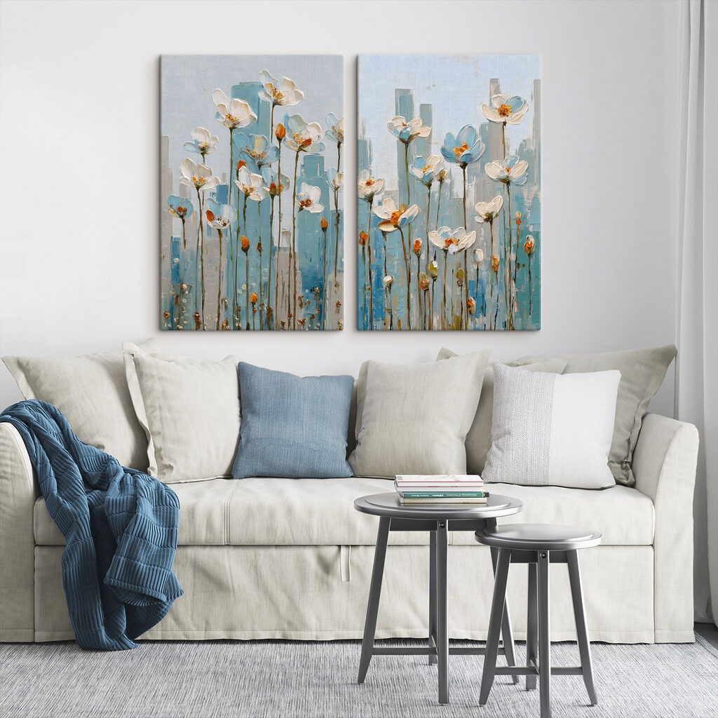 Painting of flowers in a city