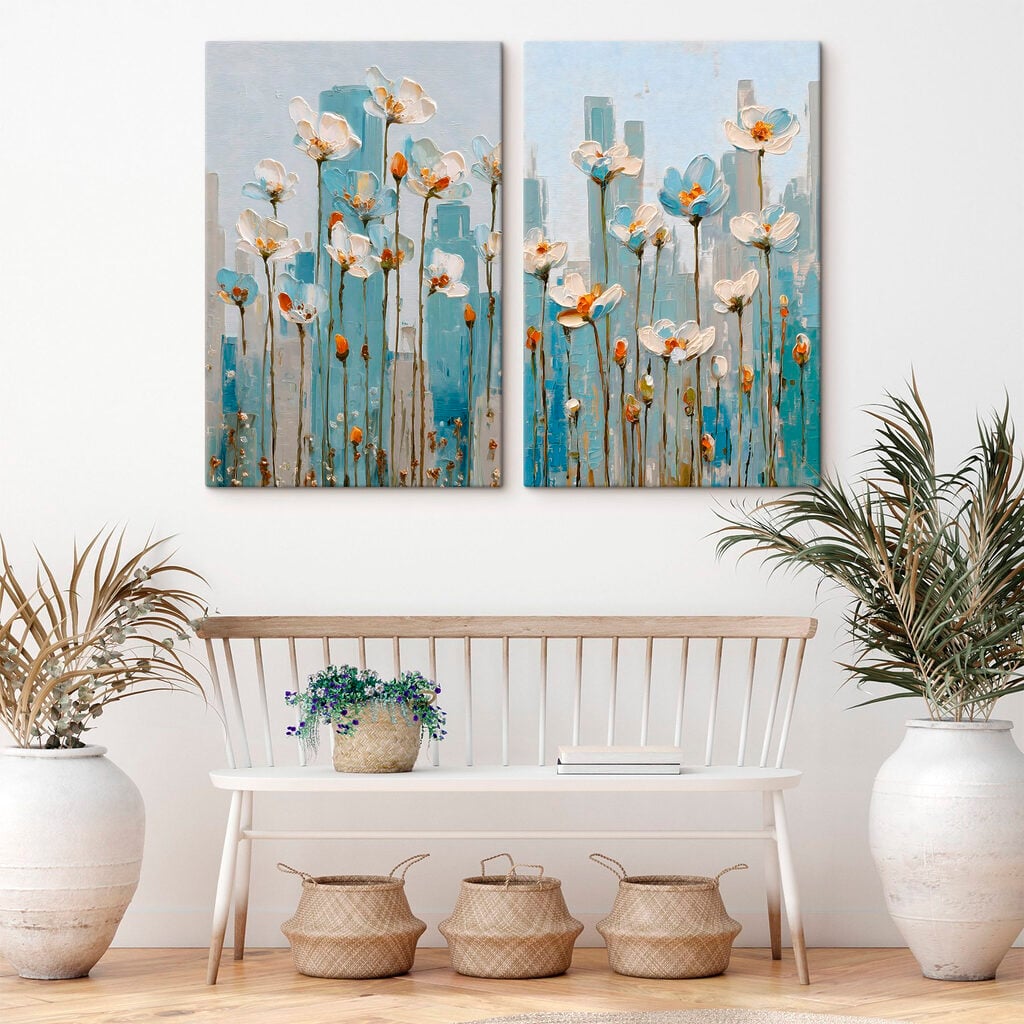 Painting of flowers in a city