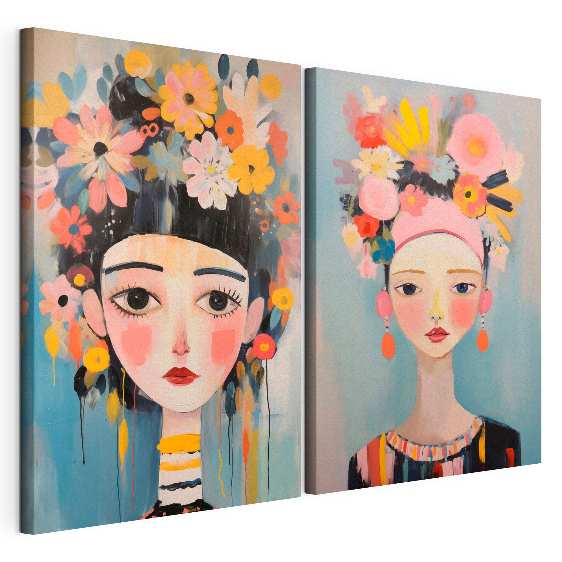 Two paintings of a woman with flowers