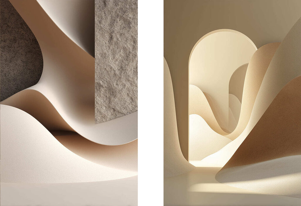 Collage of a room with a curved object