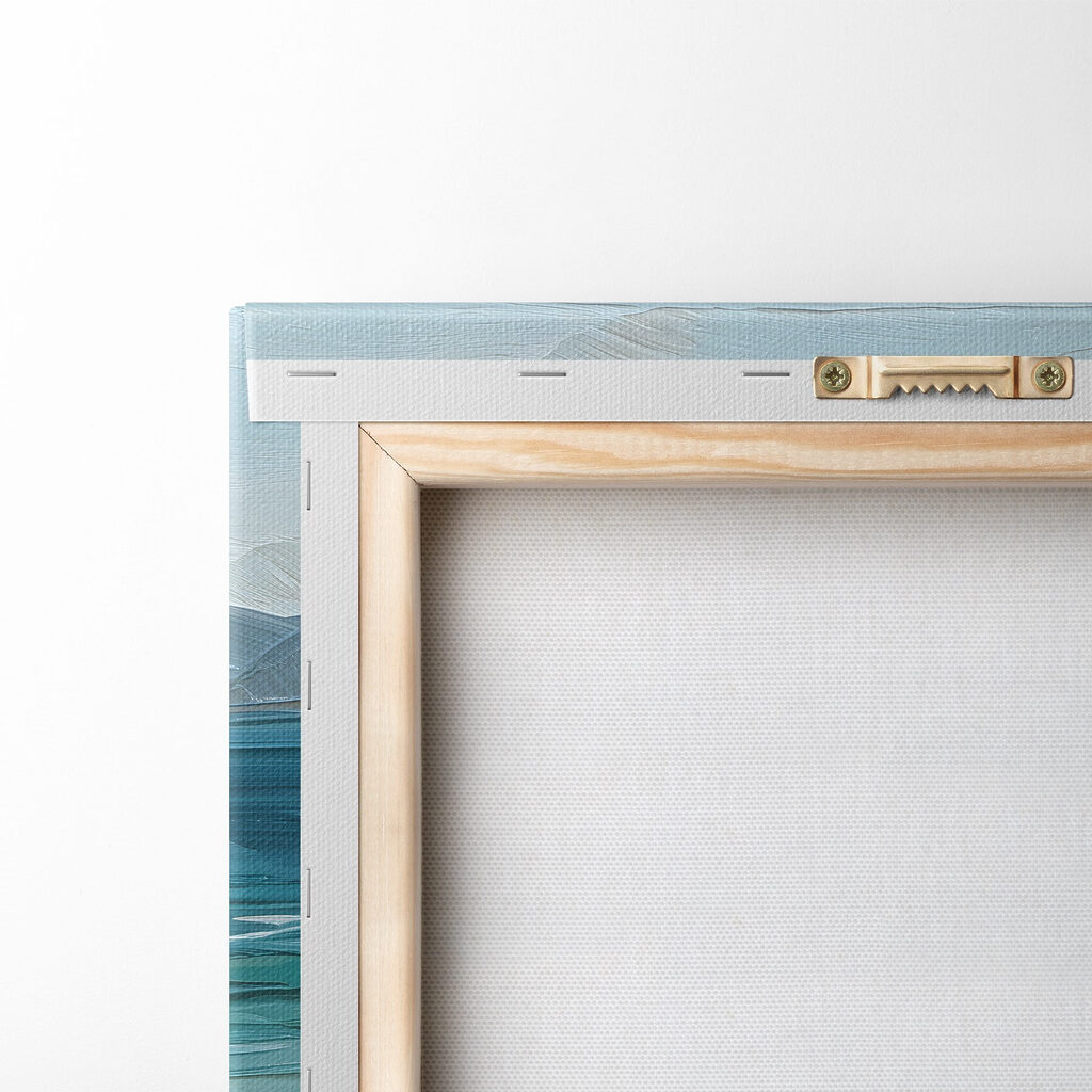 Painting of a beach with waves and rocks