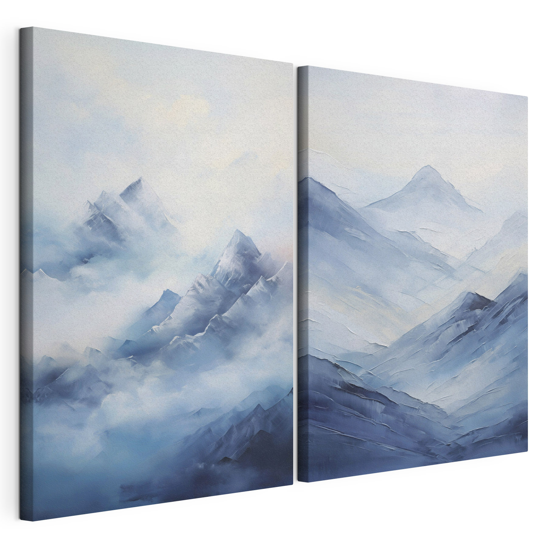 Painting of mountains in fog
