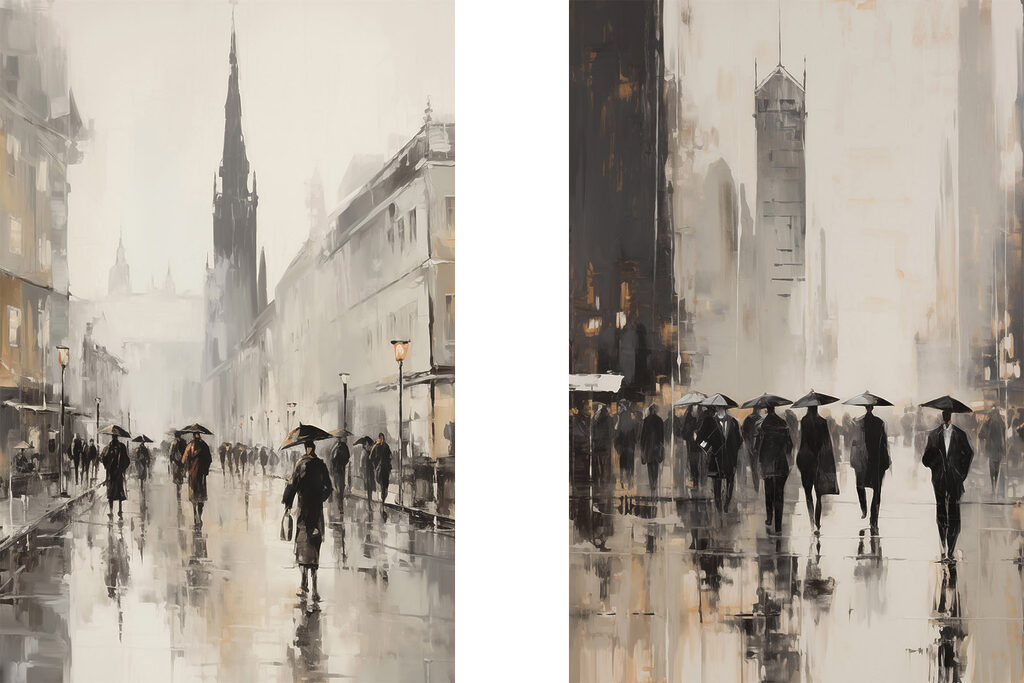Painting of people walking with umbrellas