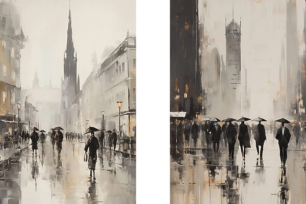 Painting of people walking with umbrellas