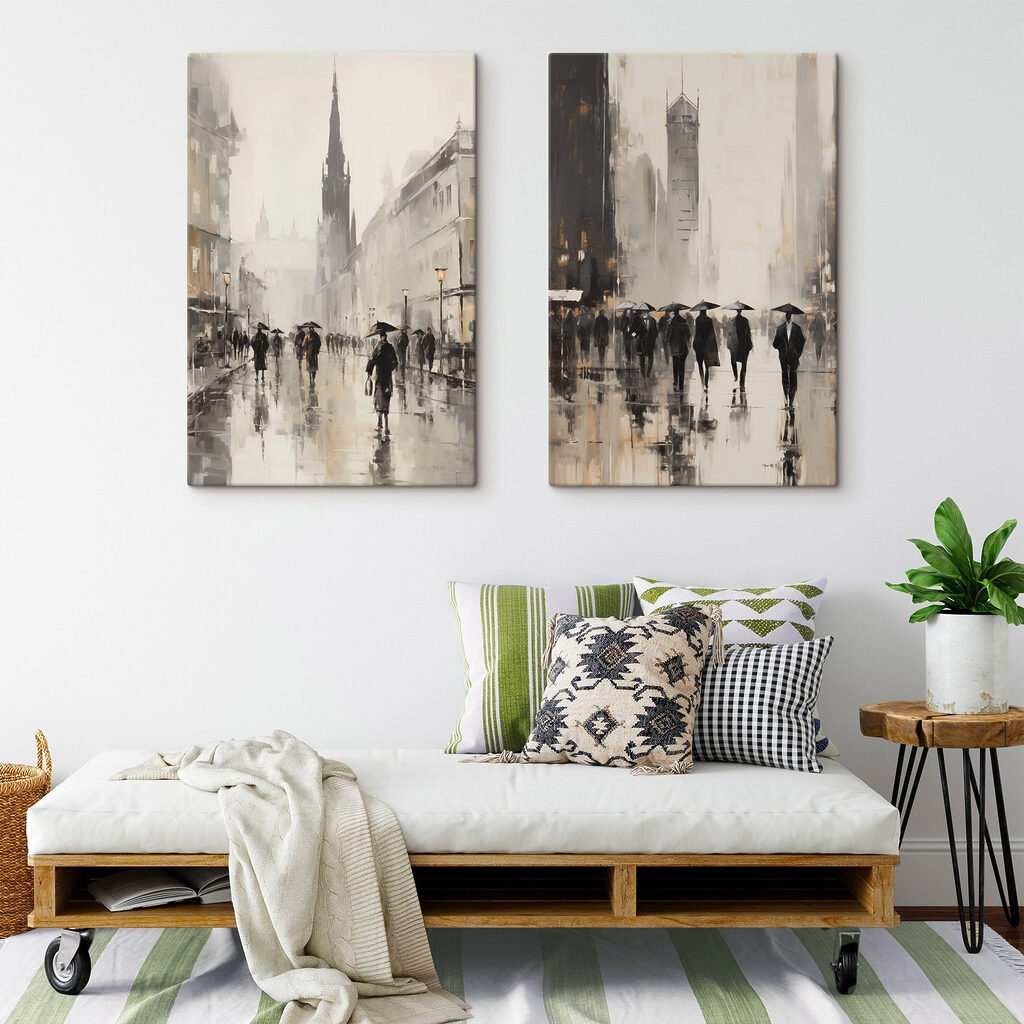 Painting of people walking with umbrellas