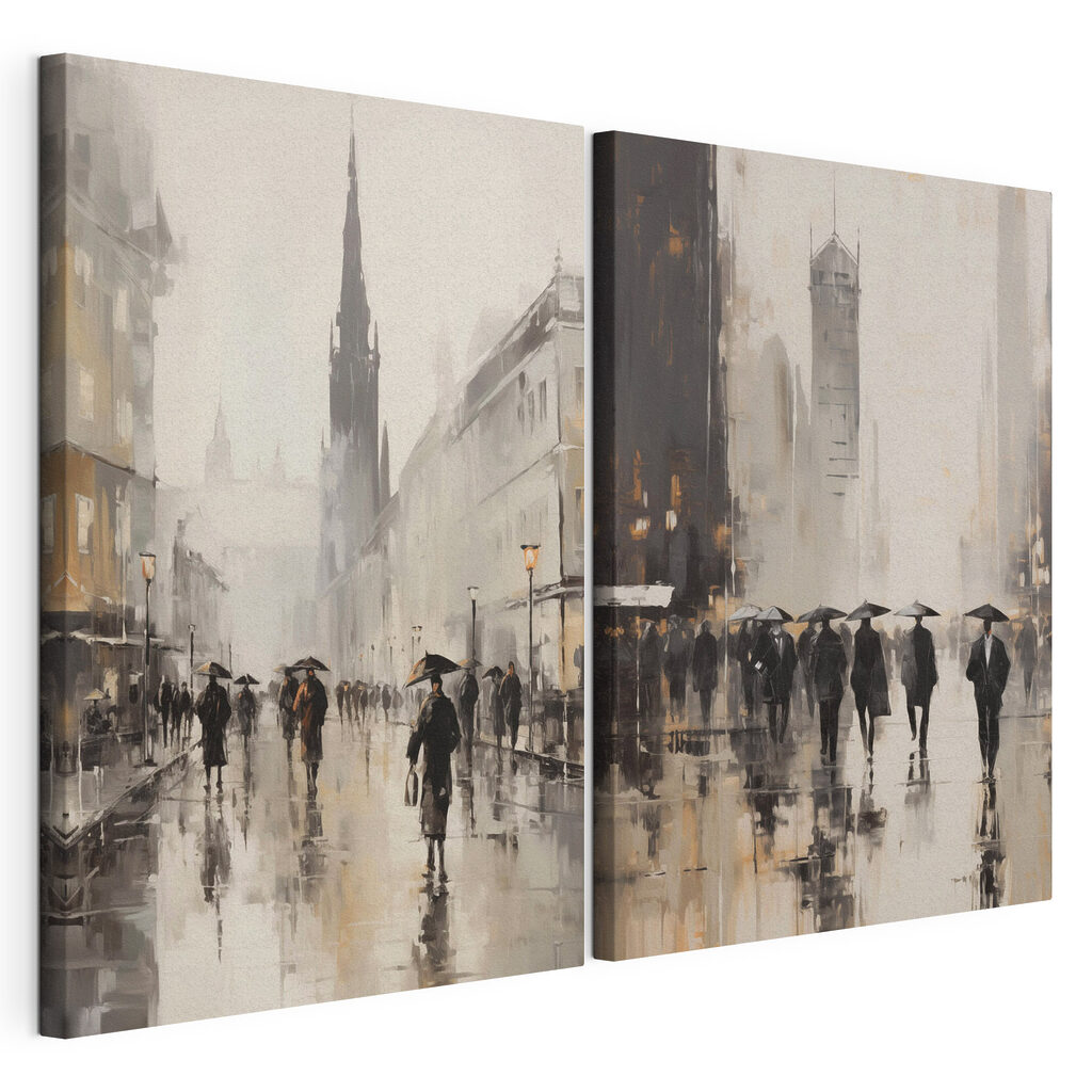 Painting of people walking with umbrellas