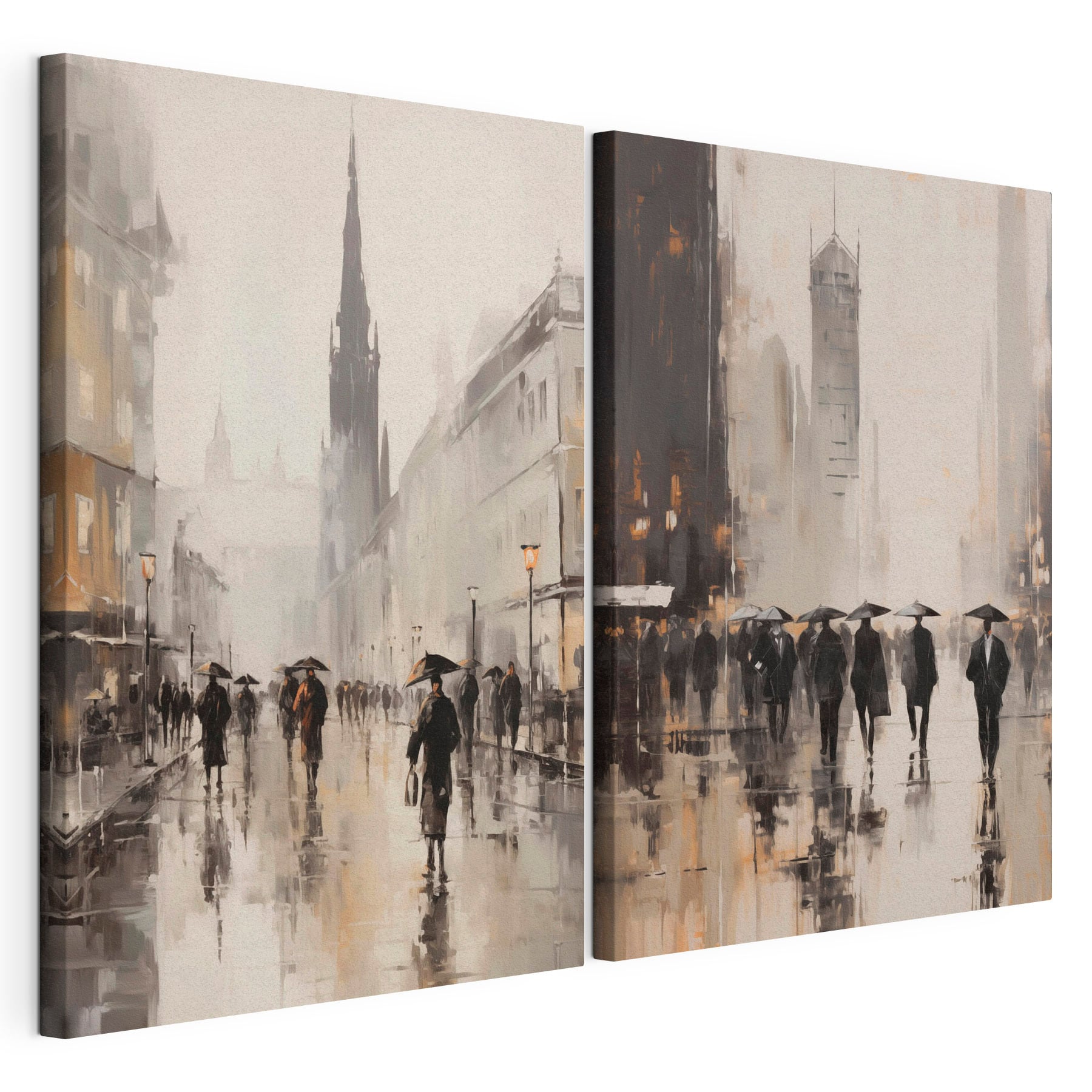Painting of people walking with umbrellas
