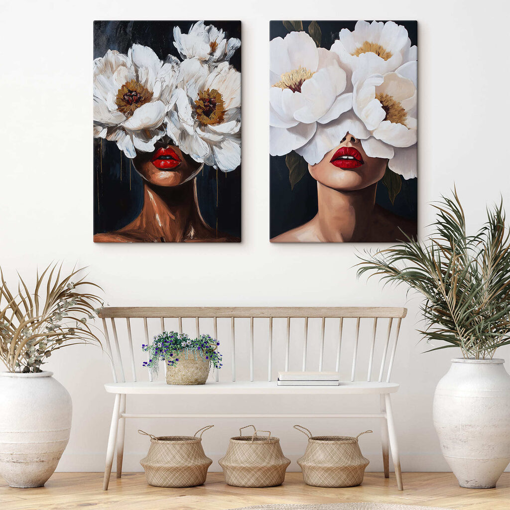 Painting of a woman with flowers over her eyes