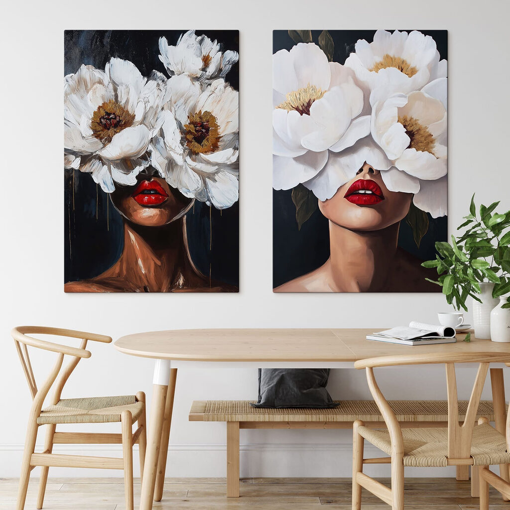 Painting of a woman with flowers over her eyes