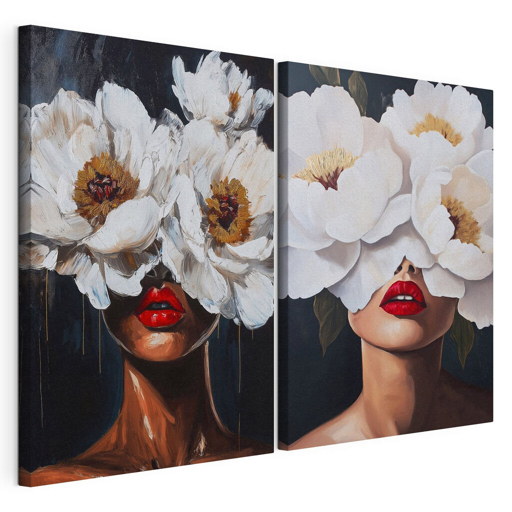 Painting of a woman with flowers over her eyes