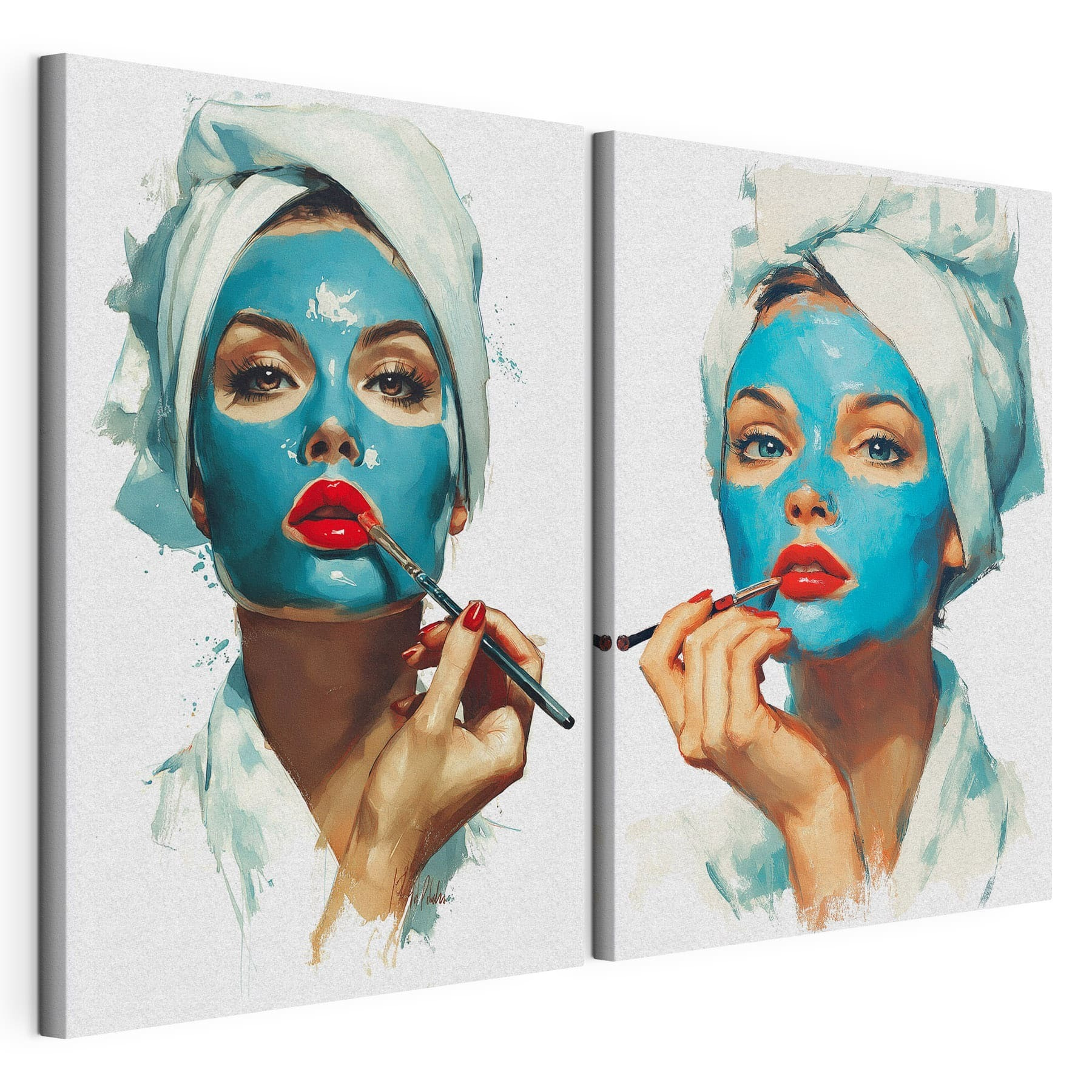 Collage of a woman applying a blue mask