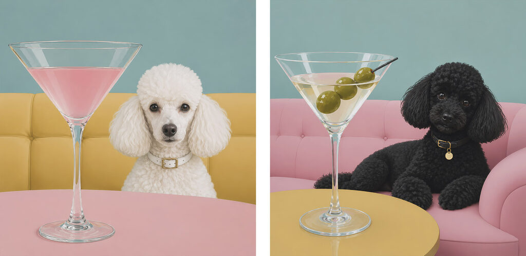 Dog sitting at a table with a martini glass