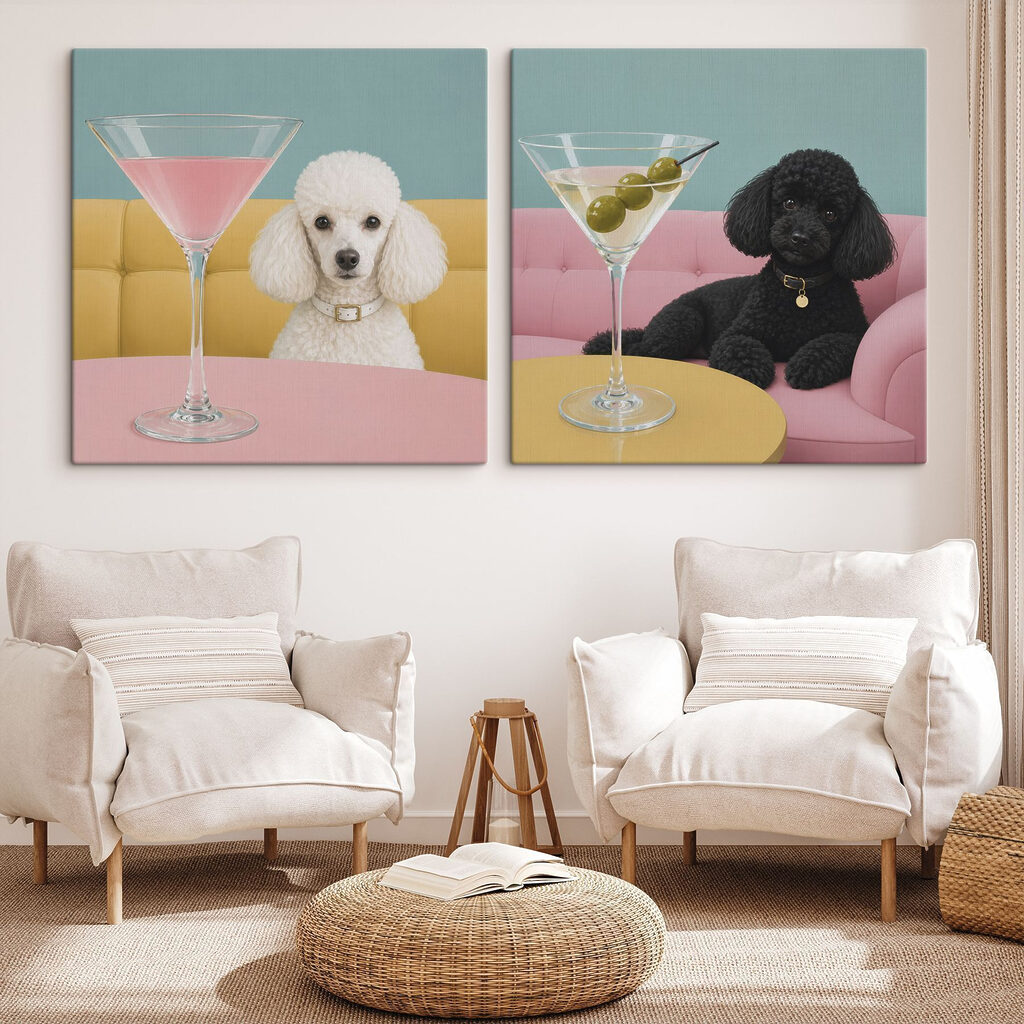 Dog sitting at a table with a martini glass
