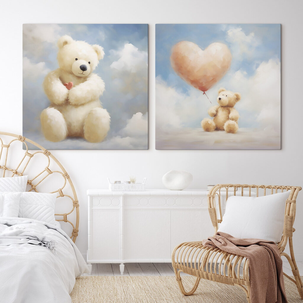 Two pictures of a teddy bear holding a balloon