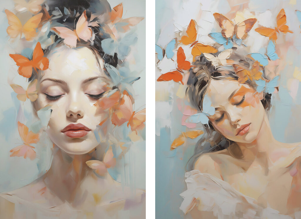 Collage of a woman with butterflies in her hair