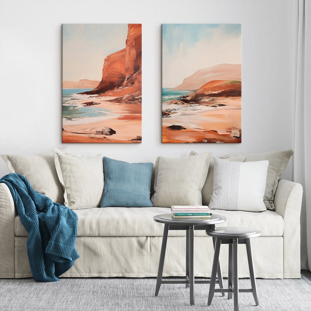 Painting of a beach and a rocky cliff