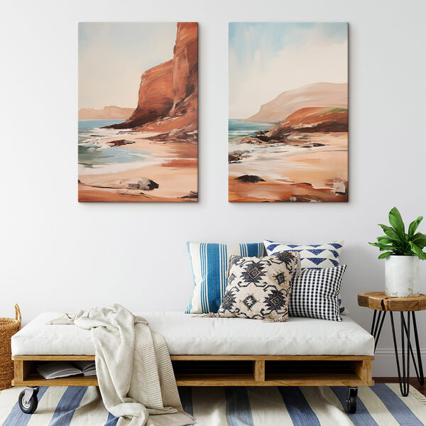 Painting of a beach and a rocky cliff