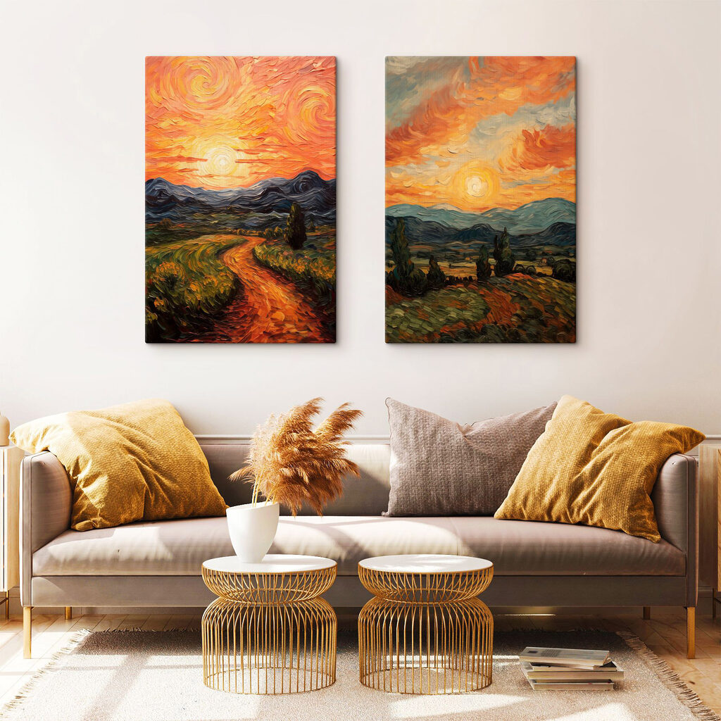 Painting of a road and mountains