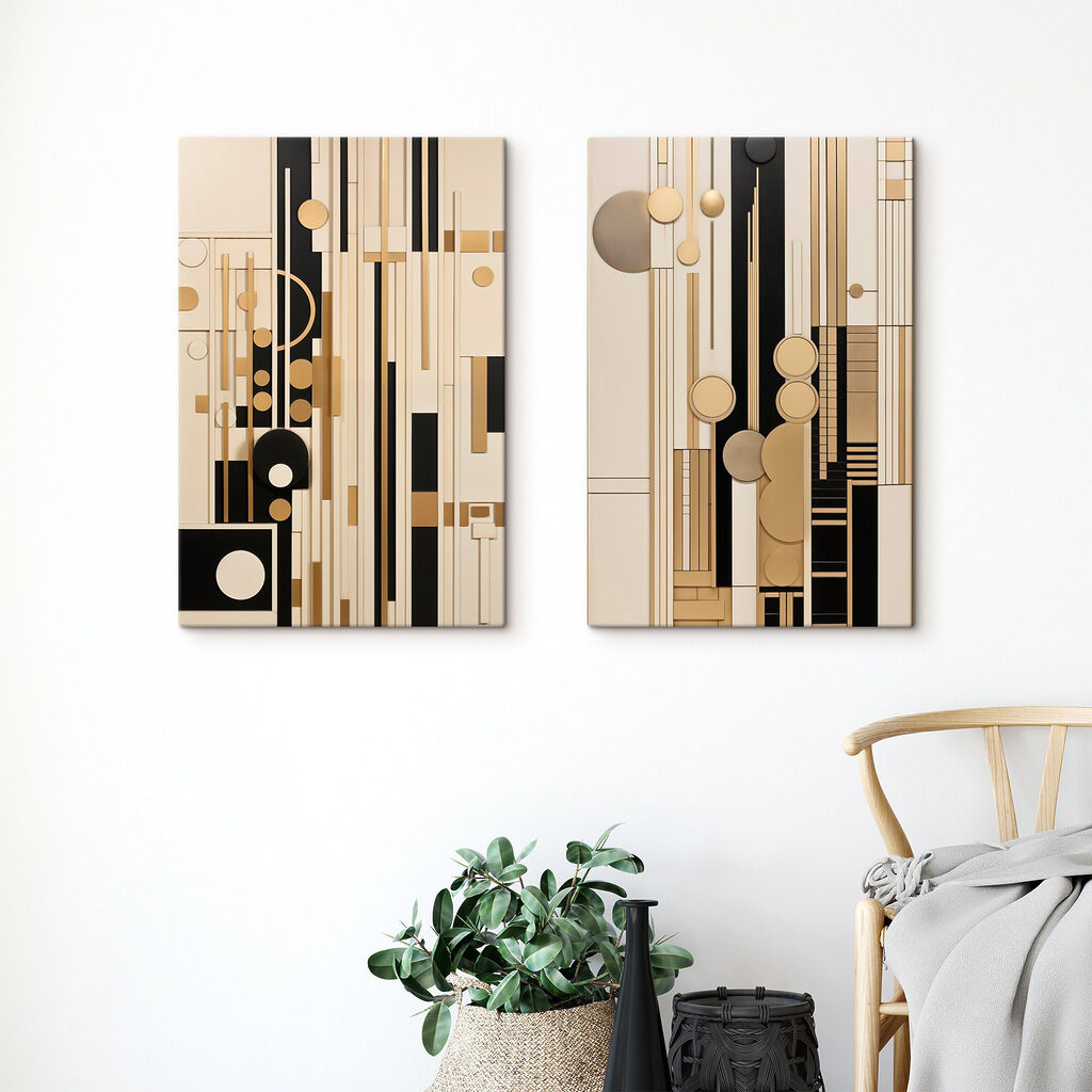 Collage of art with different shapes and colors
