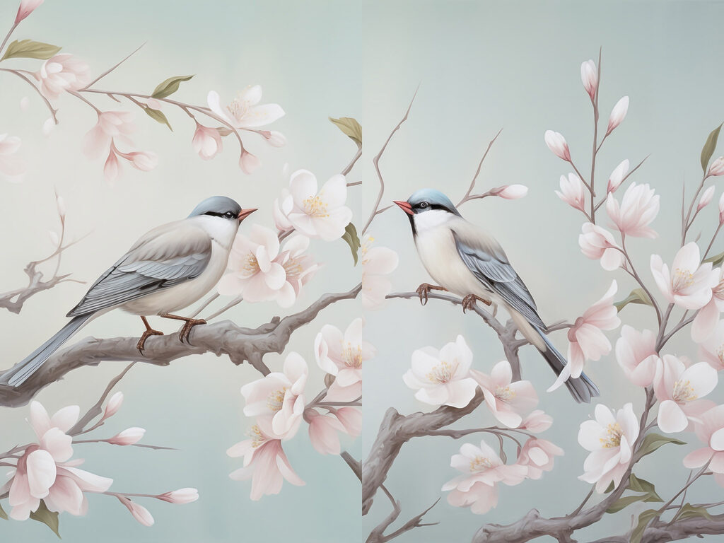 Couple of birds on a branch with flowers