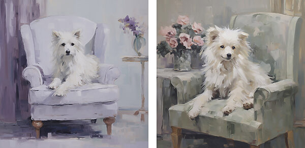 Painting of a dog sitting on a chair