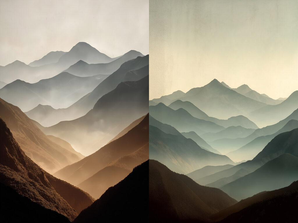 Comparison of mountains with fog