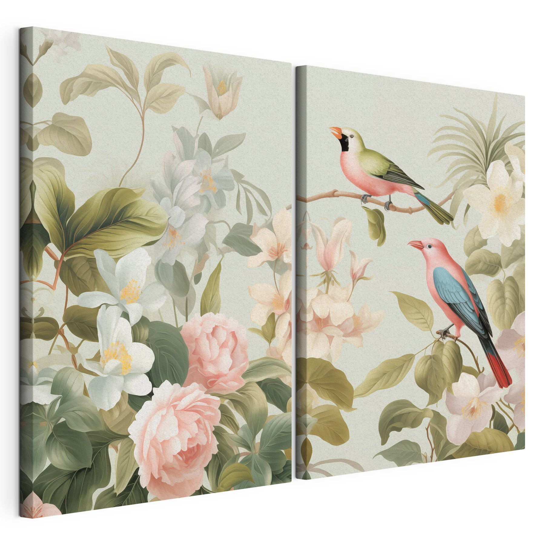 Couple of birds on a branch with flowers