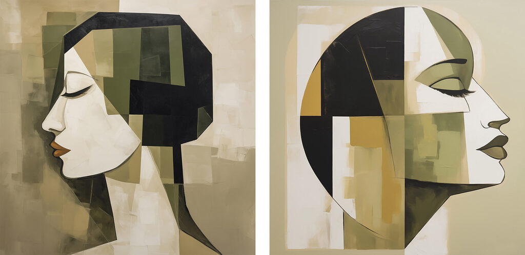 Two paintings of a person's head