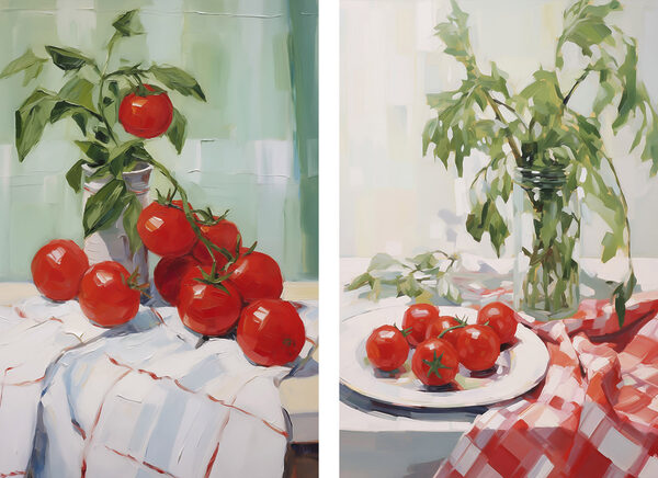Painting of tomatoes on a table