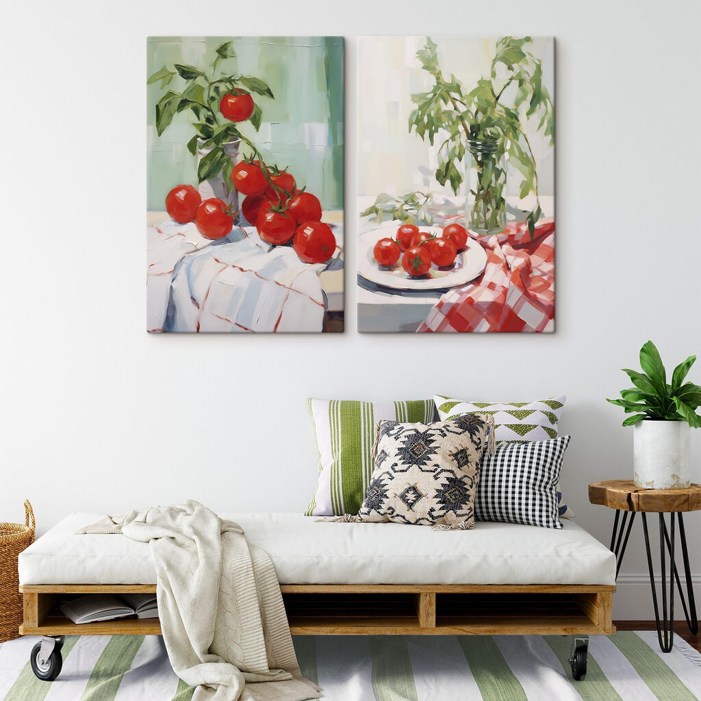Painting of tomatoes on a table