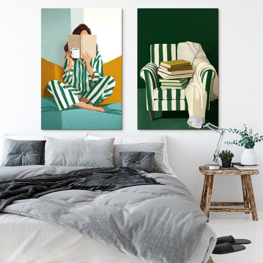 Woman in pajamas reading a book and a pile of books