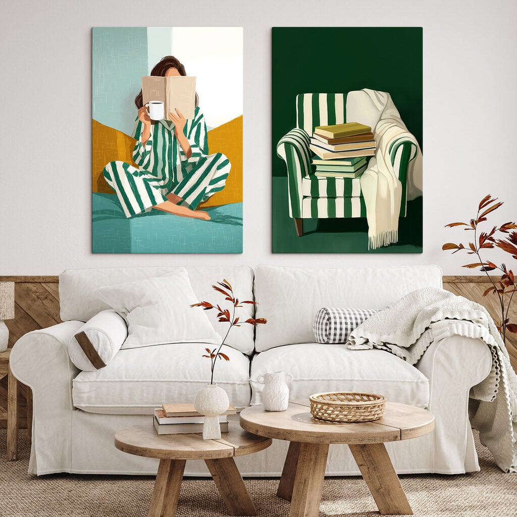 Woman in pajamas reading a book and a pile of books