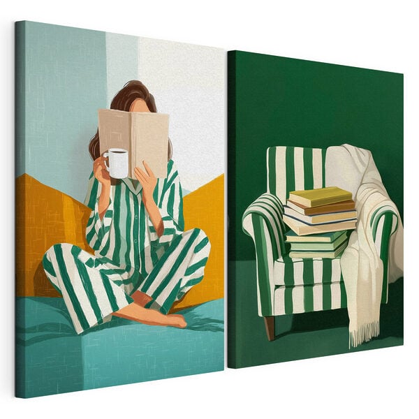 Woman in pajamas reading a book and a pile of books