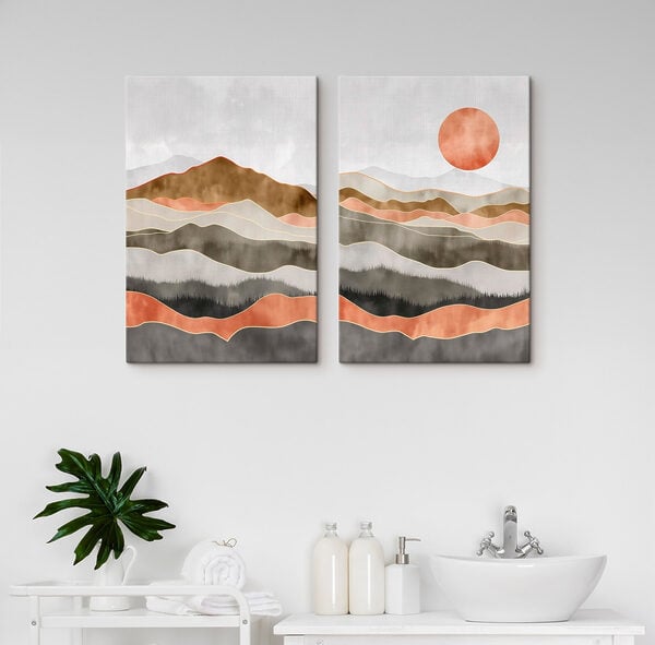 Painting of hills and sun