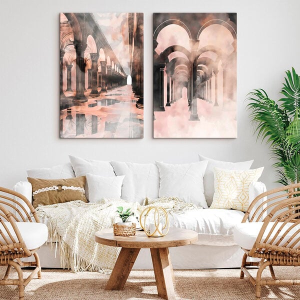 Collage of a hallway with columns and a puddle of water