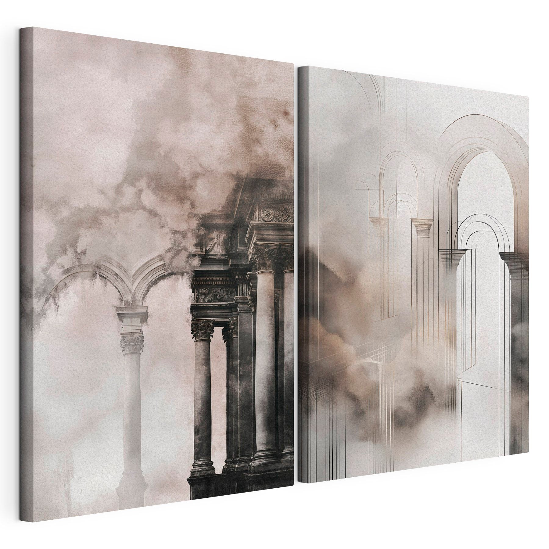 Collage of a building with columns and smoke