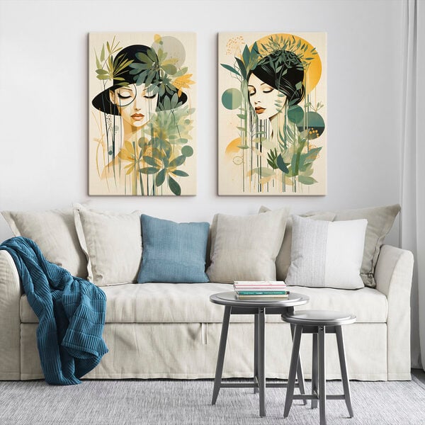 Two images of a woman with leaves