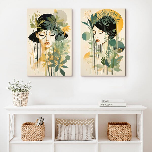 Two images of a woman with leaves