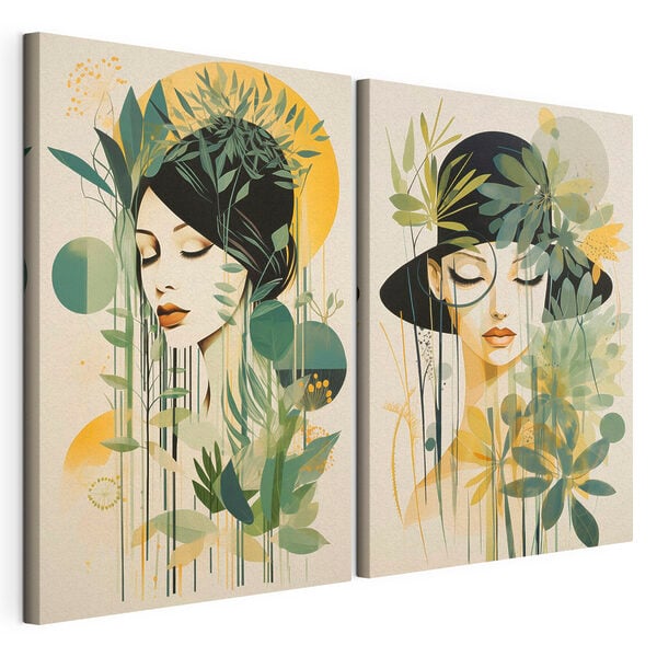 Two images of a woman with leaves