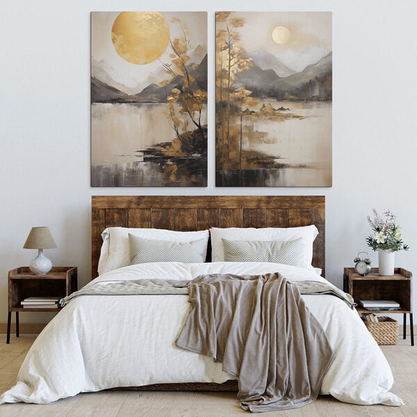 Painting of a landscape with a moon and mountains