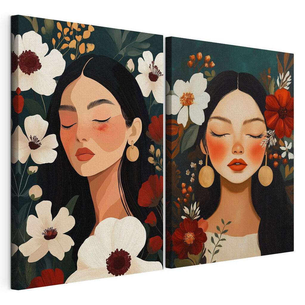 Dreamy faces among vibrant blooms