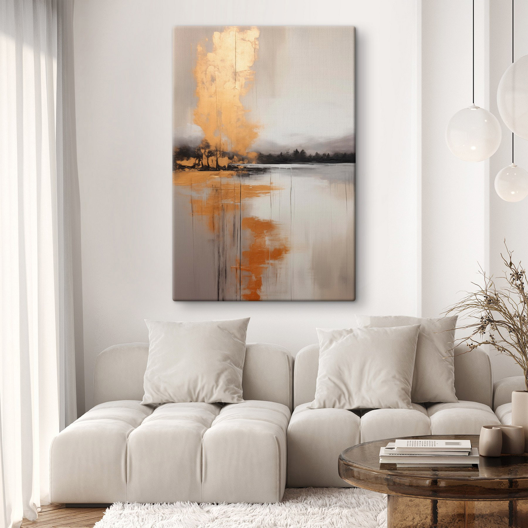 Painting of a lake with trees and fog