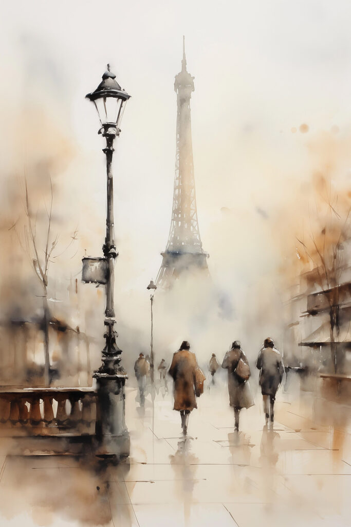 Watercolor of people walking on a sidewalk