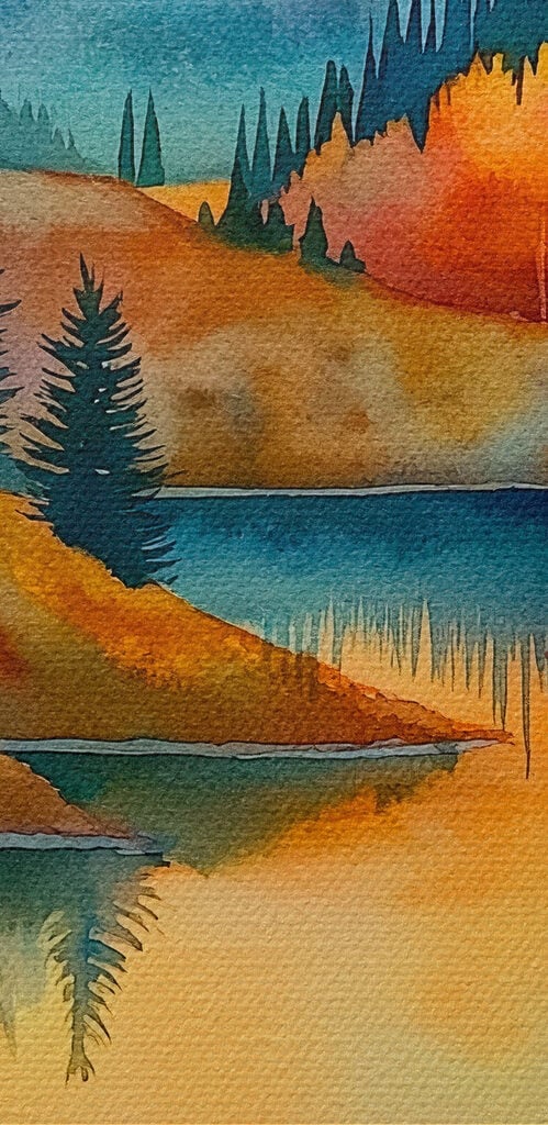 Watercolor painting of a lake surrounded by trees