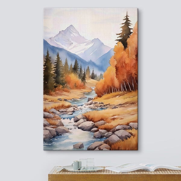 Watercolor painting of a river running through a forest