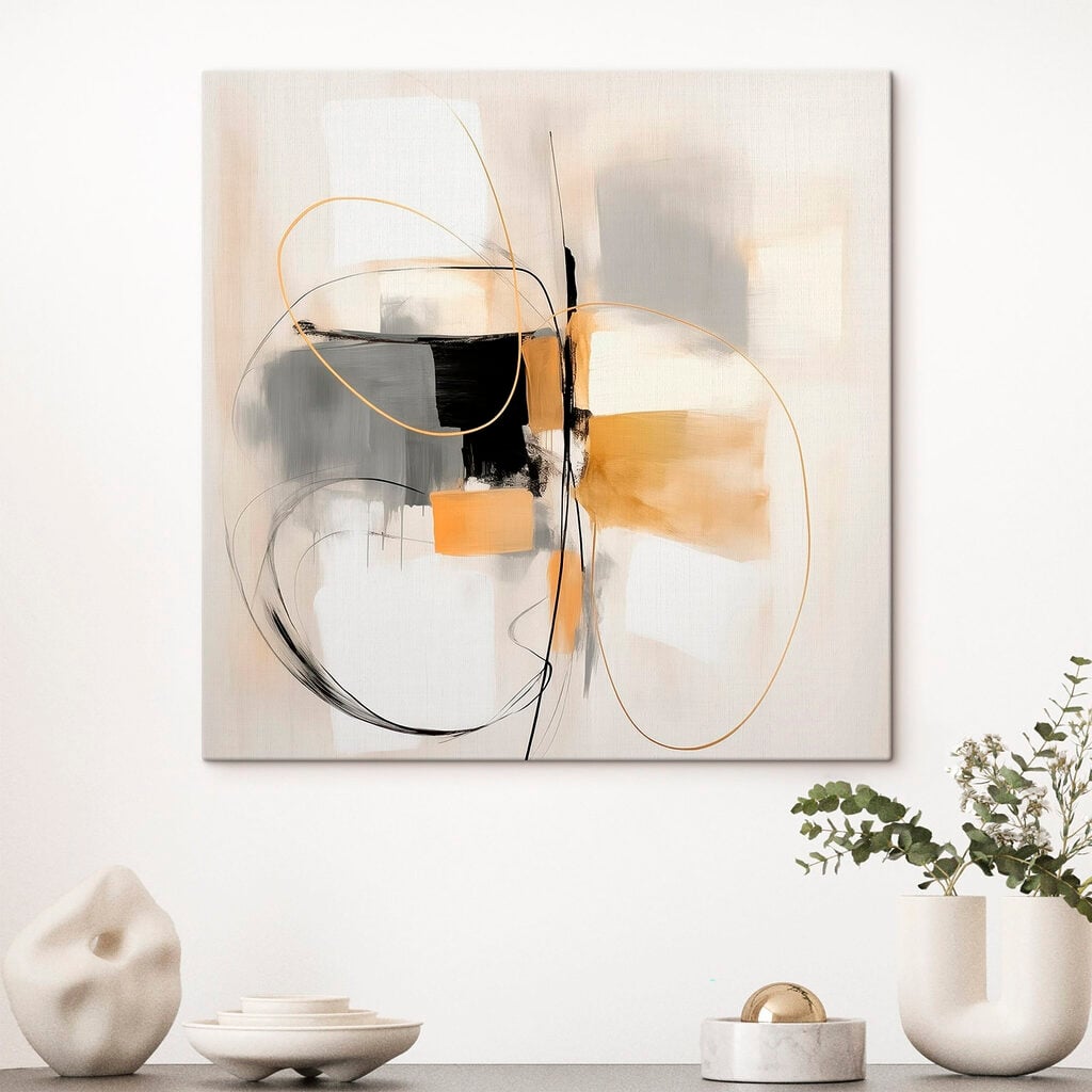 Painting of a white wall with black and yellow circles and lines