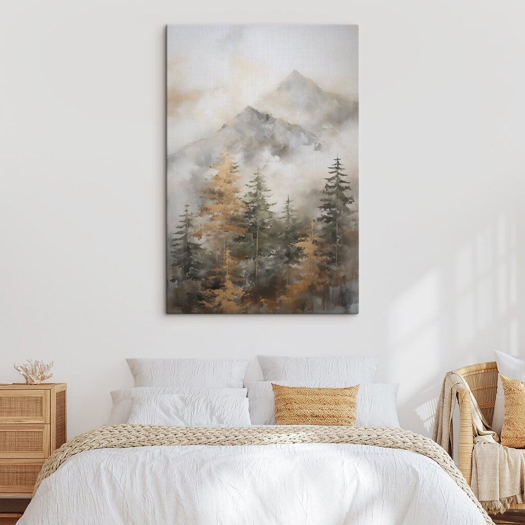 Painting of trees and mountains