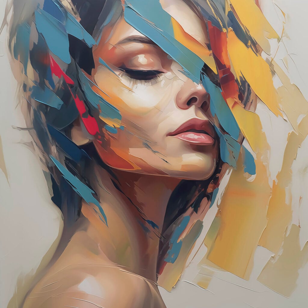 Painting of a woman with colorful paint on her face