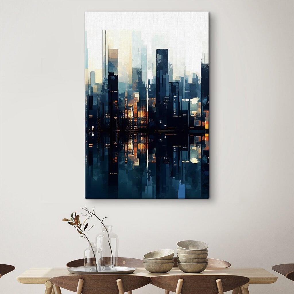 City skyline with lights reflecting in water
